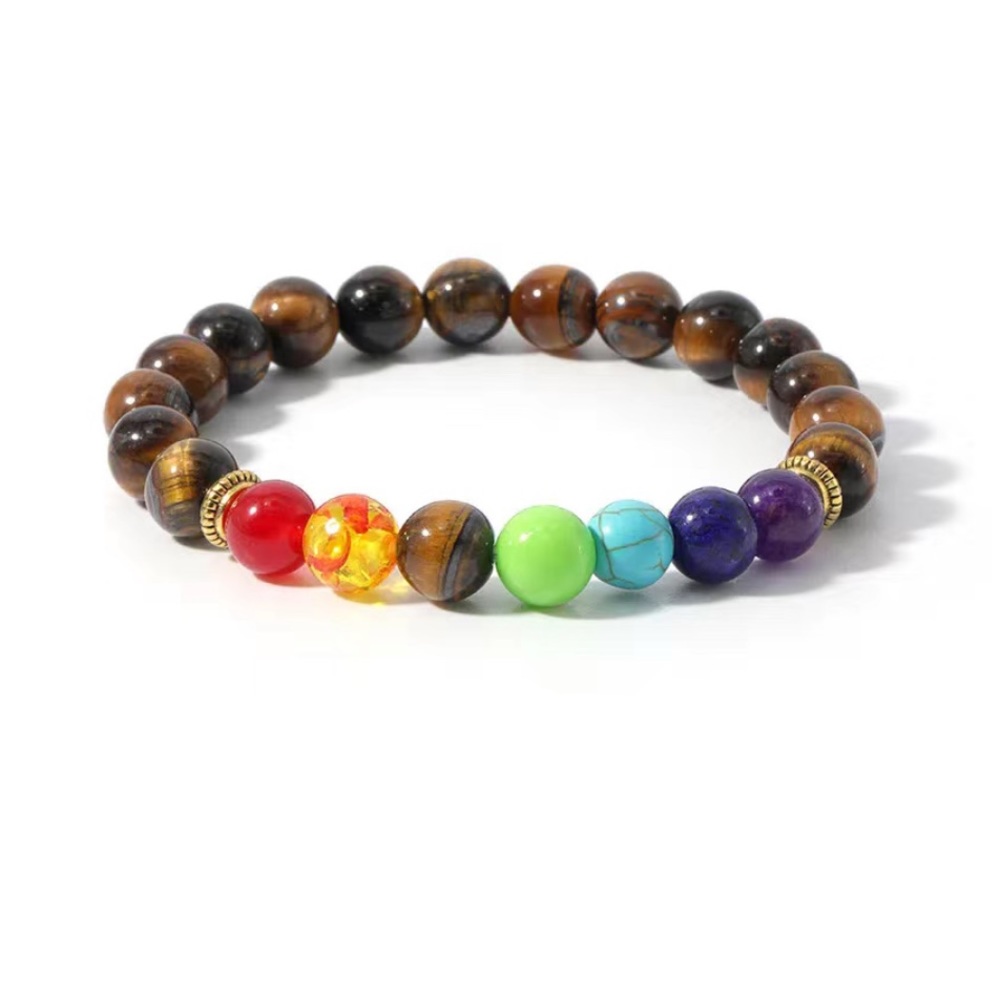 Natural Black Stone with Colorful Chakra Beads Bracelet